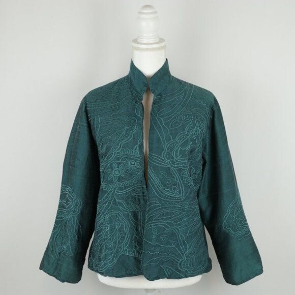 Anu Women's Large Blue Green Raw Silk Lined Embroidered Open Front Jacket - Picture 1 of 8